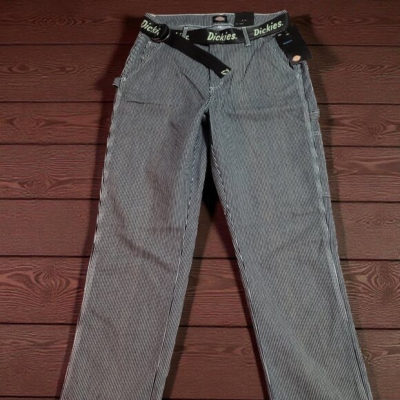 Dickies Womens stripped Relaxed Fit Carpenter Pants White/black Belt - Picture 2 of 6